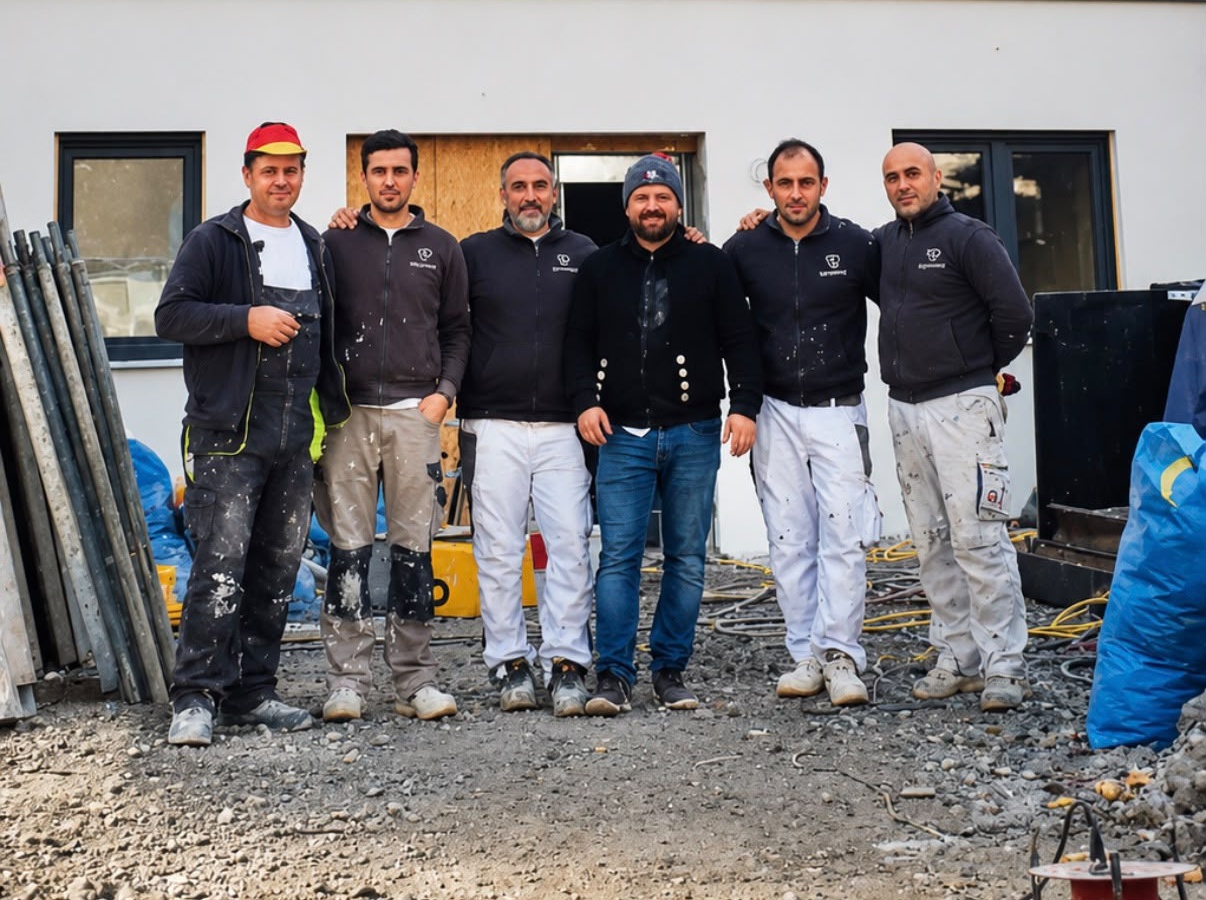 Das GernerBau-Team vor einem fertiggestellten Rohbau