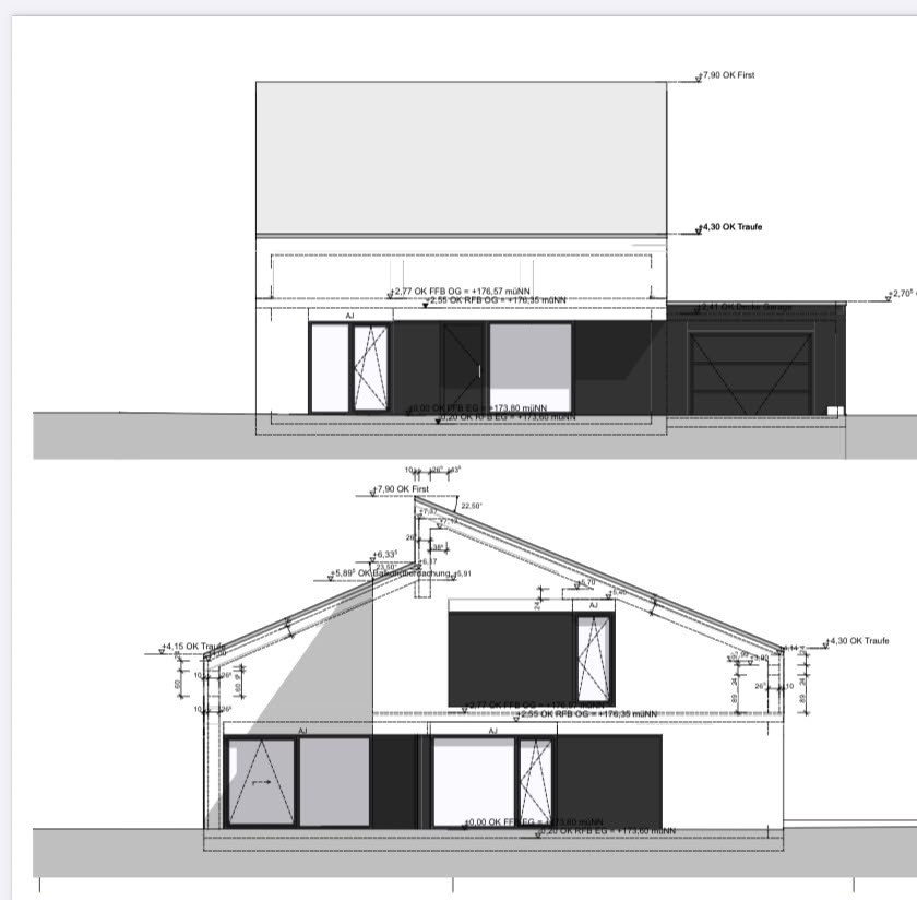 Architekturzeichnung: Ansicht Süd und West eines Einfamilienhauses