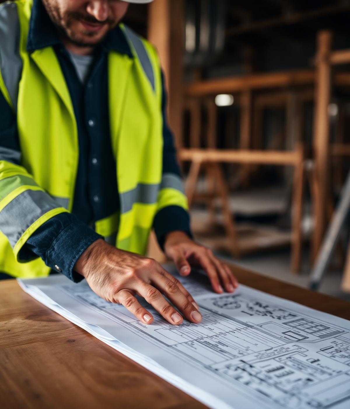 Bauleiter mit Bauplänen am Werktisch auf der Baustelle